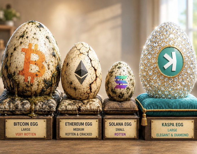 Creative rendering of cryptocurrency 'eggs' on pedestals: a rotten 'BITCOIN EGG', a cracked 'ETHEREUM EGG', a small rotten 'SOLANA EGG', and a large diamond-encrusted 'KASPA EGG'.
