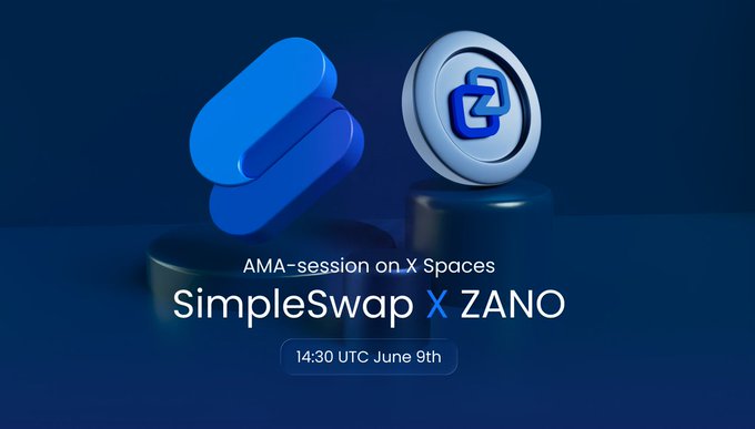 The image features a banner for an event, likely an AMA session or webinar, that takes place on June 9th at 14:30 UTC. The main focus of the image is a coin with blue and silver colors, which appears to be a representation of the word "Zano". Below this coin, there are two other coins - one blue and one gray - positioned in front of it. The text on the banner reads "SimpleSwap x Zano: 14:30 UTc June 9, ..."
