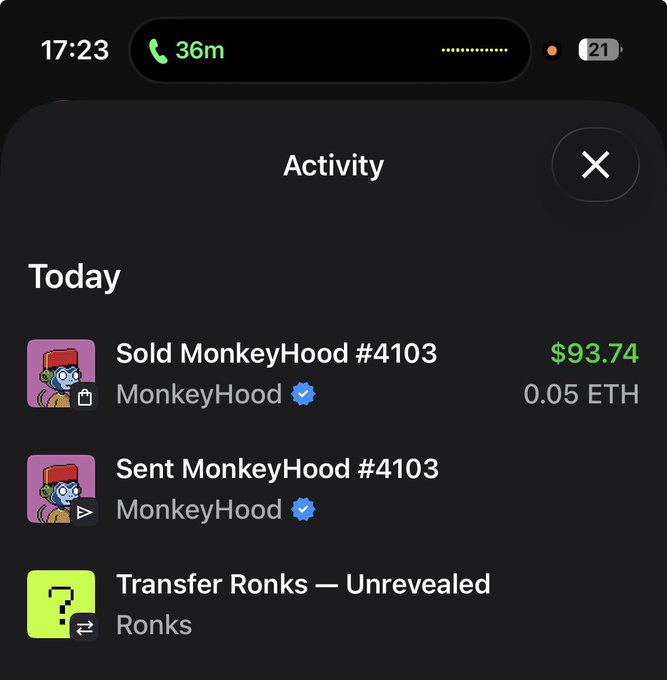 A mobile app activity screen showing 'Sold MonkeyHood #4103' for $93.74 (0.05 ETH) and 'Sent MonkeyHood #4103' under the MonkeyHood verified account.