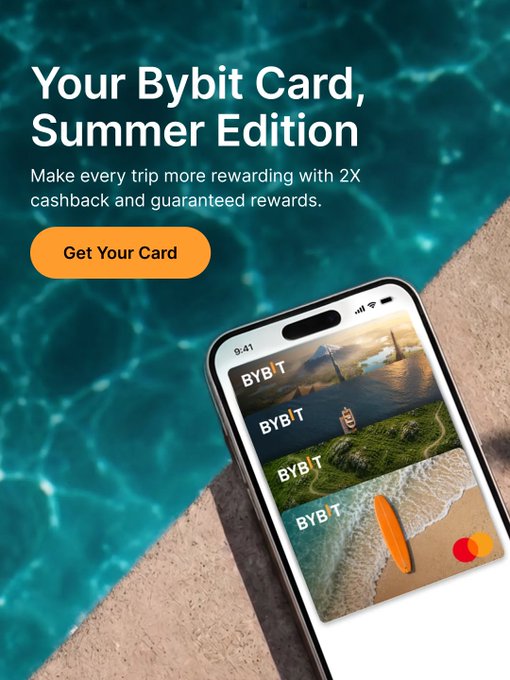 The image is a promotional advertisement for the "Bybit Card, Summer Edition," featuring a smartphone displaying Bybit card designs against a turquoise pool and sandy beach backdrop. The ad promotes 2X cashback and guaranteed rewards with an orange "Get Your Card" button, aligning with the post's message about activating the Summer Virtual Card for doubled cashback rewards.