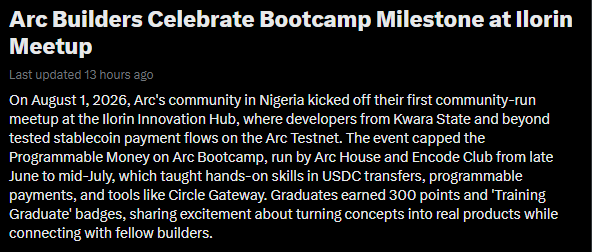 An article headline reads 'Arc Builders Celebrate Bootcamp Milestone at Ilorin Meetup', detailing a community-run event in Nigeria that taught programmable money flows on the Arc Testnet.