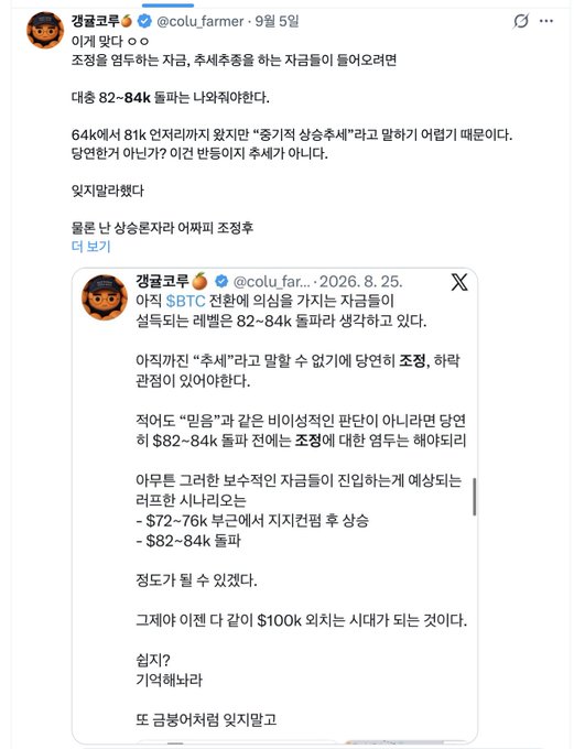 A Korean-language tweet thread by user @colu_farmer discussing Bitcoin (BTC) price analysis, referencing support levels at $72-76k and $82-84k, with technical commentary on 'death crosses' and bullish consolidation.