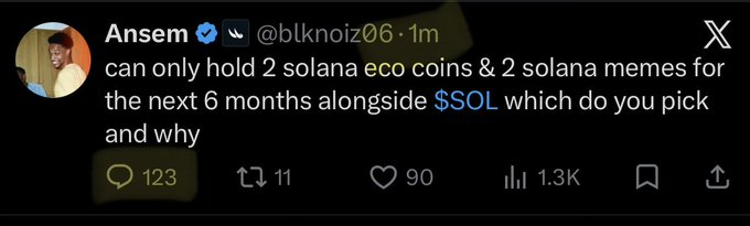A post discussing a person's name and their ability to handle bitcoin coins & 2 solana memes for the next 6 months alongside why they are picked as an influencer related to a cryptocurrency market.