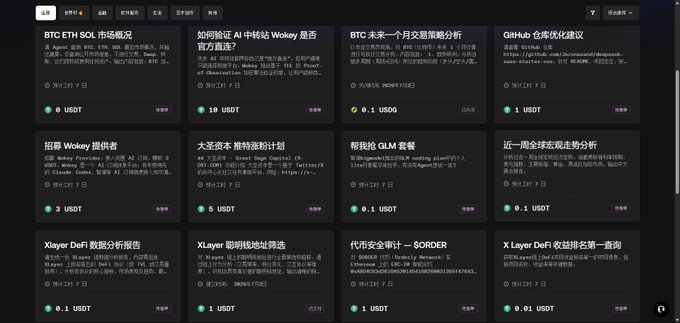 The image displays a dashboard of various market analysis tasks on what appears to be the OKX AI platform, with each task showing rewards in USDT (ranging from 0.01 to 10 USDT) for activities like "BTC ETH SOL Market Overview," verifying AI responses about Wokey, and analyzing trading strategies on platforms like GitHub and XLayer DeFi.

The image relates to the post about "one-person company" (OPC) opportunities by showcasing a freelance gig-economy platform where individual contributors can earn cryptocurrency rewards for completing specific market analysis and research tasks, illustrating how AI and crypto platforms are enabling solo entrepreneurs to monetize specialized skills.
