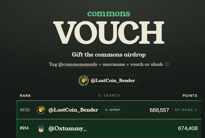 A screenshot from the 'commons' VOUCH platform showing instructions to 'Gift the commons airdrop' by tagging @commonsmade + username + vouch or slash, displaying a leaderboard with @LastCoin_Bender at rank #939 and @0xtammy_ at rank #914.