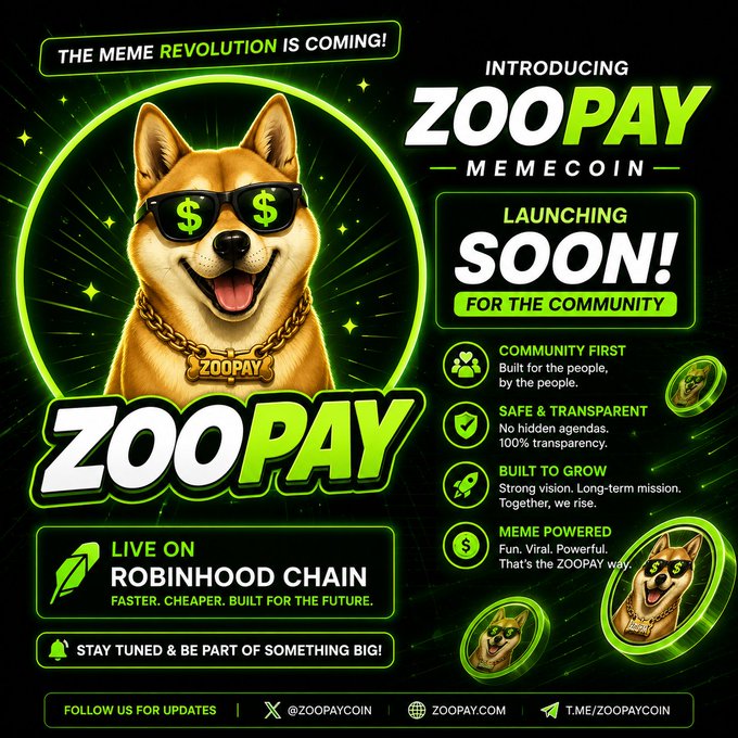 A promotional graphic for the $ZOOPAY memecoin features a smiling Shiba Inu dog wearing sunglasses with dollar signs and a "ZOOPAY" tag, surrounded by green neon accents announcing the coin's upcoming launch on Robinhood Chain. The design highlights key selling points like "Community First," "Safe & Transparent," and "Meme Powered," matching the post's message about ZOOPAY's community-driven launch.