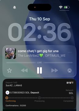 A locked iPhone displays a Now Playing widget for the Spotify track "come chat / i get gig for una" by The LordybeZ and OPTIMUS_WE, alongside a Phantom wallet notification showing a confirmed 0.739030923 SOL deposit at 02:36 on Thu 10 Sep, fitting the post's theme of "2 wins today" in Web3.