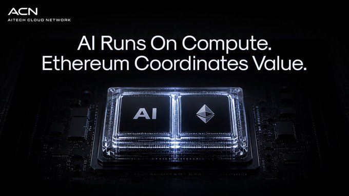 The image shows a computer chip with two buttons labeled "AI" and "Ethereum Coordinates Value." The text above the image reads, "AI Runs On Compute. Ethereum Coordinates Value. AI and Ethereum are solving very different problems, but they are starting to intersect more often." This suggests that while AI relies on massive computing infrastructure for training models and inference at scale, Ethereum's blockchain technology provides a way to coordinate values in a distributed manner across the network.