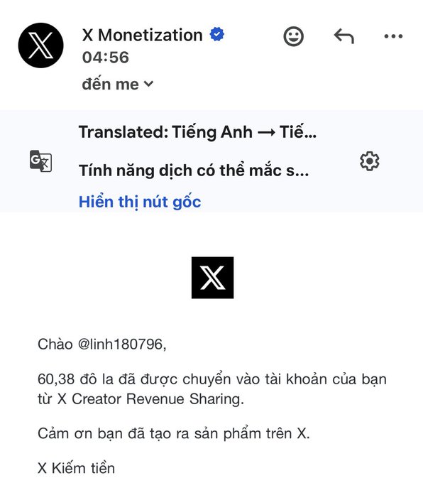 A screenshot of an X Monetization notification in Vietnamese, stating that $60.38 has been transferred from X Creator Revenue Sharing.