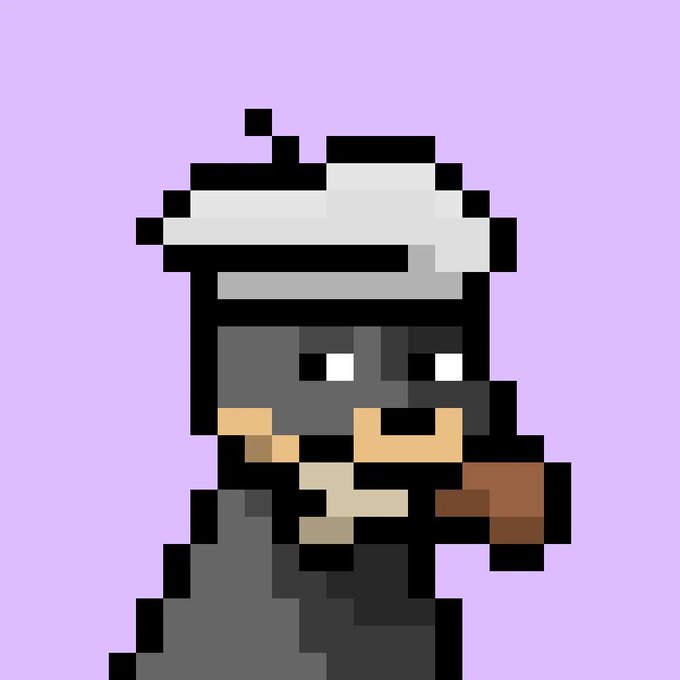 Pixel art illustration of a character wearing a white sailor-style hat, smoking a cigar, and dressed in dark clothing, set against a light purple background.