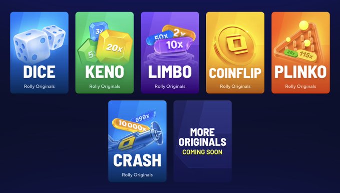 A digital interface displaying six colorful game tiles for 'Rolly Originals' including Dice, Keno, Limbo, Coinflip, Plinko, and Crash, with a 'More Originals Coming Soon' tile.