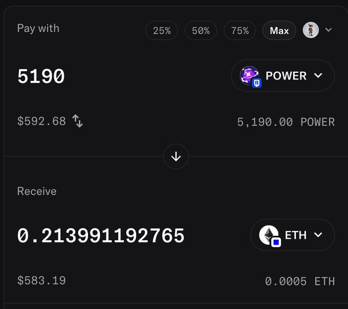A crypto swap interface shows paying 5,190 POWER ($592.68) to receive 0.213991192765 ETH ($583.19), with 0.0005 ETH in gas fees.
