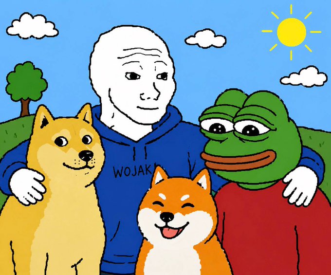 A cartoon "Wojak" figure, with "WOJAK" written on his blue hoodie, stands smiling in a sunny landscape with his arms around a Shiba Inu, a Shiba puppy, and a Pepe the Frog, embodying the "gm" crypto community spirit of Dogecoin, Shibainu, Pepe, and Wojak holders.