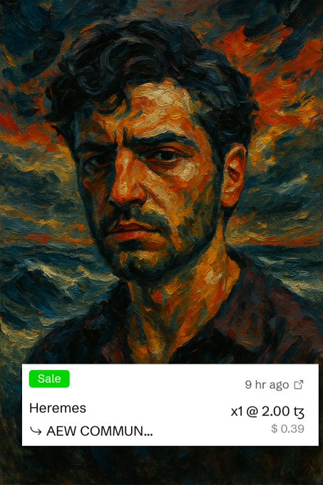 A dramatic oil painting portrait of a contemplative man with dark curly hair against a fiery, swirling background is displayed alongside a transaction card showing the artwork titled "Heremes" sold for 2.00 tez (≈$0.39) to AEW COMMUN..., confirming the successful sale of the piece.