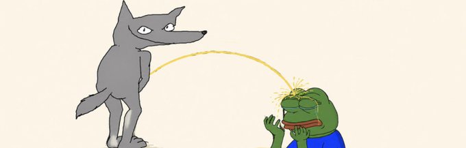 A gray wolf (resembling Pepe's nemesis) urinates on a crying green Pepe the Frog, with a stream arcing between them, satirizing crypto project drama where the poster boasts about their coin's ticker and cashback rewards amid accusations of being a scam or knockoff.