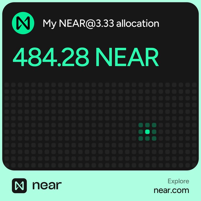 A NEAR Protocol screenshot showing a NEAR@3.33 allocation of 484.28 NEAR, with a small grid chart and the near.com logo.