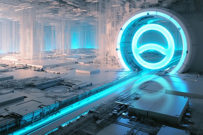 A futuristic, sci-fi 3D rendering of a glowing cyan circular portal or turbine structure surrounded by intricate mechanical and circuit-like architectural details.