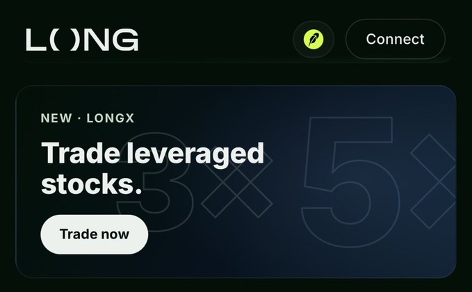 A dark promotional banner for Long (longdotxyz) advertising their new "LongX" feature with the headline "Trade leveraged stocks," a "Trade now" call-to-action button, and faint "3x" and "5x" leverage text in the background, highlighting the platform's new ability to pair memecoins with leveraged stocks.
