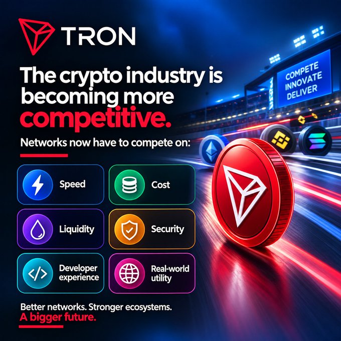 A promotional graphic for TRON cryptocurrency stating 'The crypto industry is becoming more competitive,' highlighting six key network attributes: Speed, Cost, Liquidity, Security, Developer experience, and Real-world utility.
