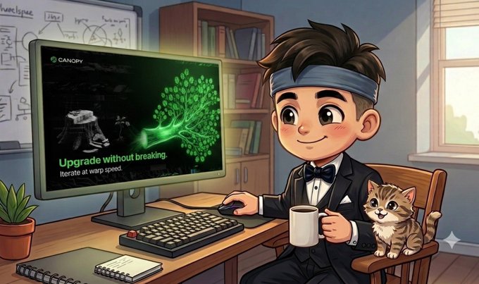 An anime-style illustration of a man in a suit with a headband sitting at a computer desk with a cat on his chair, while his monitor displays the Canopy advertisement reading 'Upgrade without breaking. Iterate at warp speed.'