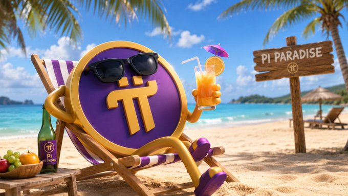A Pi Network coin character wearing sunglasses lounges on a beach chair holding a tropical drink, beside a "Pi Paradise" sign and a green Pi bottle, symbolizing the protocol's upcoming rewards of smart contracts, ecosystem expansion, and major exchange support.