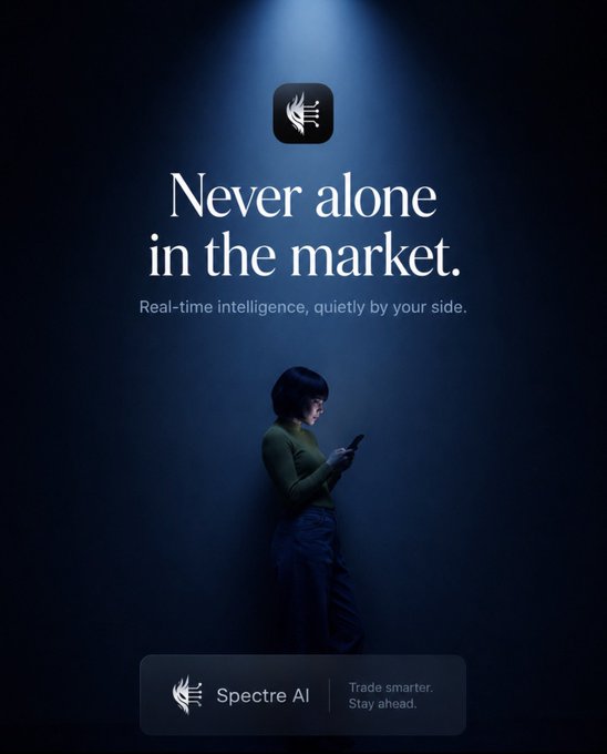 A dark, atmospheric advertisement for "Spectre AI" features a woman in a green top and dark pants standing under a spotlight while looking at her phone, with the headline "Never alone in the market." and the tagline "Real-time intelligence, quietly by your side." The image visually reinforces the accompanying message by depicting a solitary trader being accompanied by the app's constant market guidance.