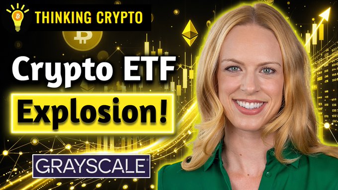 This image is a thumbnail for a "Thinking Crypto" video discussing the "Crypto ETF Explosion!" featuring Grayscale and its Hyperliquid ETF. The woman in the image is likely Krista Lynch from Grayscale.