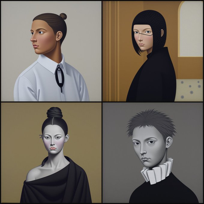 A four-panel grid showing stylized 3D rendered portraits of different figures in various attire and hairstyles.