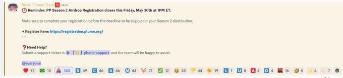 The main image displays a screenshot of a registration page from an organization called Plume. The title reads "New update from Season 2 extended registration deadline to 23:59 on 30/05/2022 (Vietnam time)". The post appears to be about an extended registration period for the new season or event, which may require participants to provide additional documents such as a passport or Passport. A warning is sent at the top of the image reminding users that if they are not satisfied with their registration, they should let us know and we will not charge them any fees.