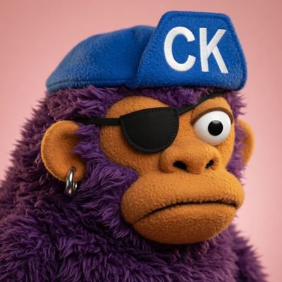 A purple plush gorilla character wearing a blue cap with 'CK' lettering, an eyepatch, and an earring, set against a pink background.