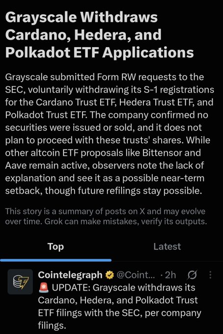 The image is a news summary headline reading "Grayscale Withdraws Cardano, Hedera, and Polkadot ETF Applications," with details explaining that Grayscale submitted Form RW requests to the SEC to voluntarily withdraw its S-1 registrations for the Cardano Trust ETF, Hedera Trust ETF, and Polkadot Trust ETF, citing a lack of explanation and possible near-term setback, though future refilings remain possible. The image relates to the post by signaling further negative sentiment in crypto, as both Michael Saylor selling near BTC lows and ETF applications being withdrawn contribute to a bearish outlook on the market.