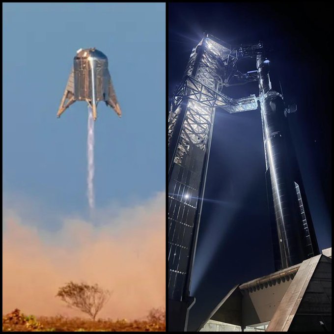The image is a side-by-side comparison: on the left, a SpaceX Starship prototype performs a successful test flight (the "hop"), while on the right, the massive Starship rocket stands fully assembled on the launch pad, illustrating the dramatic evolution from early test hops to the fully developed launch vehicle—matching the "How it started / How it's going" meme format.