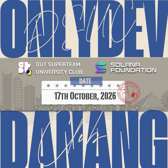 A blue and beige promotional poster for a 'SolDev Davao' event hosted by 'DUT Superteam University Club' and 'Solana Foundation' on '17TH OCTOBER, 2026'.