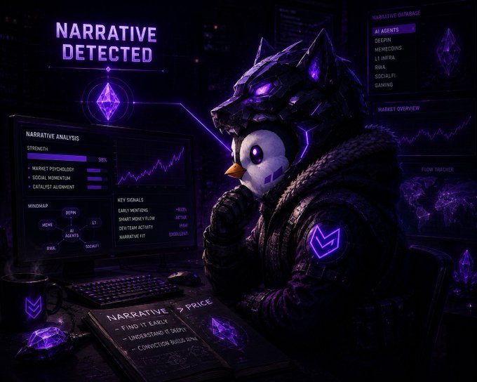 The image features an animated character wearing a black jacket with a hood and goggles sitting at a desk with a computer monitor behind them. The character appears to be a penguin or a wolf, depending on their interpretation of the scene. They are looking down at a book that is open in front of them. The background of the image is dark purple, which adds to the overall atmosphere of the scene. There is also text present in the image, including " Narrative Detected" and " $STAKE starting to reverse here Solid floor, solid tech. Once we have a few good projects launching on Stake, this is going to be 10M+ Be patient, this one might be a banger".