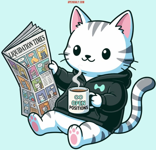 A cartoon cat (apedaily.com mascot) in a black hoodie reading the 'Liquidation Times' newspaper while holding a mug labeled 'Open Positions'.