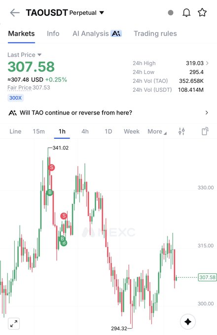 A trading interface for TAO/USDT perpetual futures shows the last price at $307.58, up 0.25% to approximately $307.48 USD, with a 1-hour candlestick chart depicting recent volatility between a 24-hour low of $295.4 and high of $319.03. The chart visually supports the post's sentiment, displaying a notable dip toward $294.32 followed by a recovery bounce—a "gifted dip" that presented a buying opportunity for those who "loaded" at the lower levels.