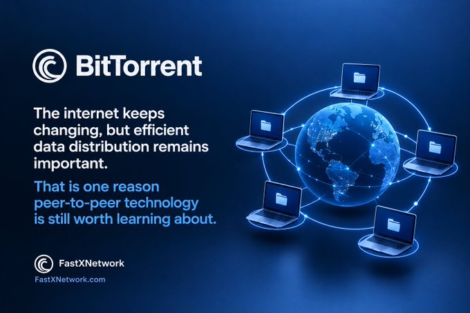 A promotional graphic for BitTorrent by FastXNetwork showing a glowing blue globe connected to laptops, with text stating 'efficient data distribution remains for- that is one reason peer-to-peer technology is still worth learning about.'