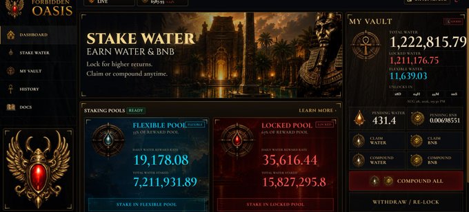 A dashboard for "FORBIDDEN OASIS" showing staking pools for water and BNB, with a vault displaying a total water value of "1,222,815.79."