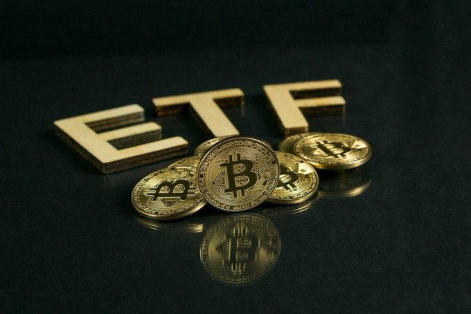 The image features a collection of gold coins, including Bitcoins, placed on a black surface against a dark background. The coins are arranged in various positions, with some overlapping each other. In the center of the image, there's a wooden block that reads "EFT" and has a few Bitcoins attached to it. The text "سجلت صناديق الاستثمار m في البيتكون تدفقات خارجة صافية تجاوزت" is also present in the image. The arrangement of the coins and the wooden block creates a visually appealing composition that highlights the connection between the text "EFT" and the Bitcoins on display.
