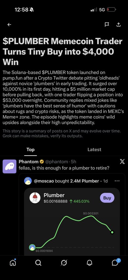 A mobile screenshot of a news article titled '$PLUMBER Memecon Trader Turns Tiny Buy into $4,000 Win,' describing a Solana-based meme token that surged over 10,000% in its first day, with an embedded tweet showing the token's price chart at +445.03%.