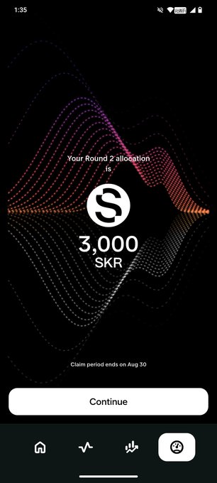 Mobile app screen displaying 'Your Round 2 allocation is 3,000 SKR' with a claim deadline of Aug 30 and a 'Continue' button.