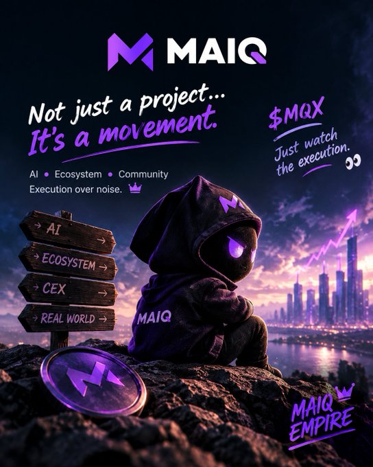 A promotional graphic for the cryptocurrency "MAIQ" features a hooded character with glowing purple eyes sitting on rocks overlooking a cityscape, with text reading "Not just a project... It's a movement," "AI • Ecosystem • Community • Execution over noise," "$MQX," and "MAIQ EMPIRE."