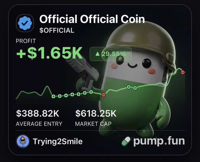 A pump.fun meme coin page displays 'Official Official Coin' ($OFFICIAL) showing +$1.65K profit (29.55%), with an average entry of $388.82K and market cap of $618.25K, featuring a 3D green character wearing a military helmet.
