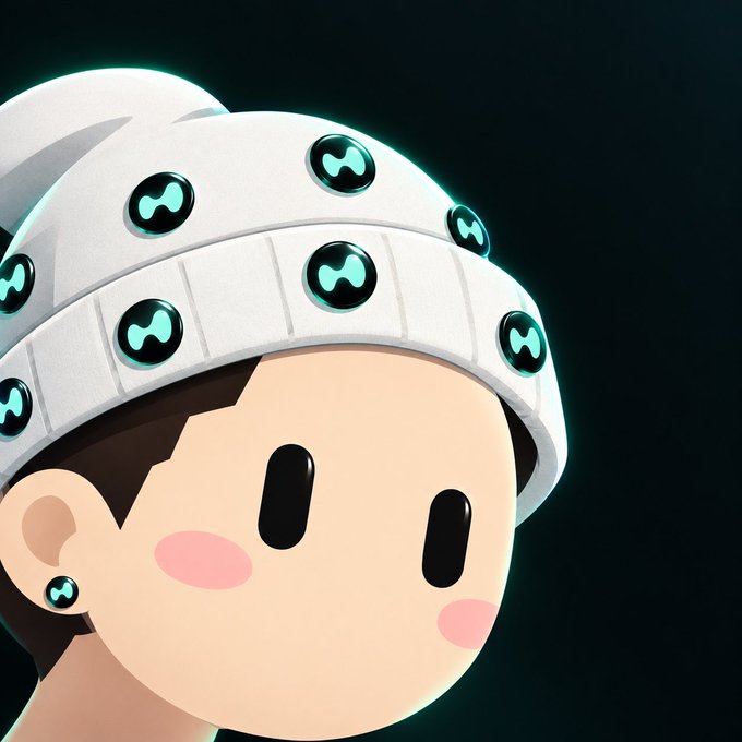 A close-up illustration shows a cute cartoon character with simple black oval eyes and pink cheeks wearing a white beanie adorned with glowing cyan sensor-like dots, set against a dark background.