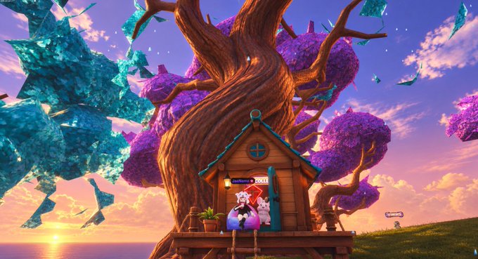 A vibrant digital artwork of a treehouse nestled in a large tree with purple foliage and blue crystalline leaves, where a Huggy Wuggy character holds a 'Subscribed' YouTube play button sign, set against a sunset sky over the ocean.