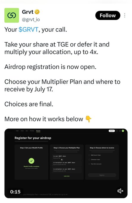 A social media post by Grvt (@grvt_io) detailing a TGE and airdrop registration, offering options to take a share or multiply allocation up to 4x, with a video tutorial screenshot attached.