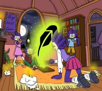 A Simpsons fan art scene depicting three characters performing what appears to be a ritual, with one character kneeling before a glowing Ouija board emitting green light, set in a room with a bookshelf and arched windows.