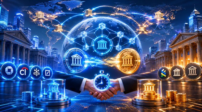 Digital illustration depicting global banking and cryptocurrency concepts, featuring a handshake between two suited figures overlaid with a globe, bank buildings, glowing coins, and network connection symbols.