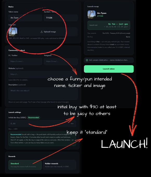 A screenshot of ArcPad's token launch interface showing an "Arc Tyson" token setup with the ticker "STYSON" and a meme image, annotated with red arrows instructing users to choose a funny name/ticker/image, set an initial buy of $30+ USDC, keep launch settings standard, and click "Launch token." The handwritten notes visually guide viewers through the three steps mentioned in the post for launching a meme coin on Arc.