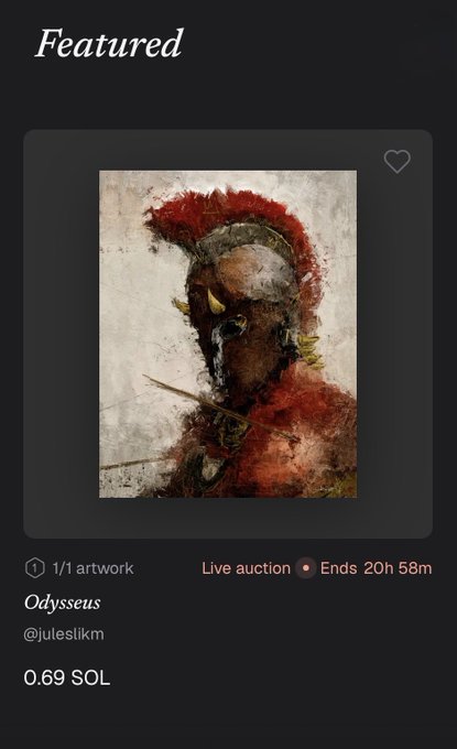 An NFT marketplace listing titled 'Odysseus' by @juleslikm shows a classical painting of a Spartan warrior, listed at 0.69 SOL with a live auction ending in 20 hours and 58 minutes.